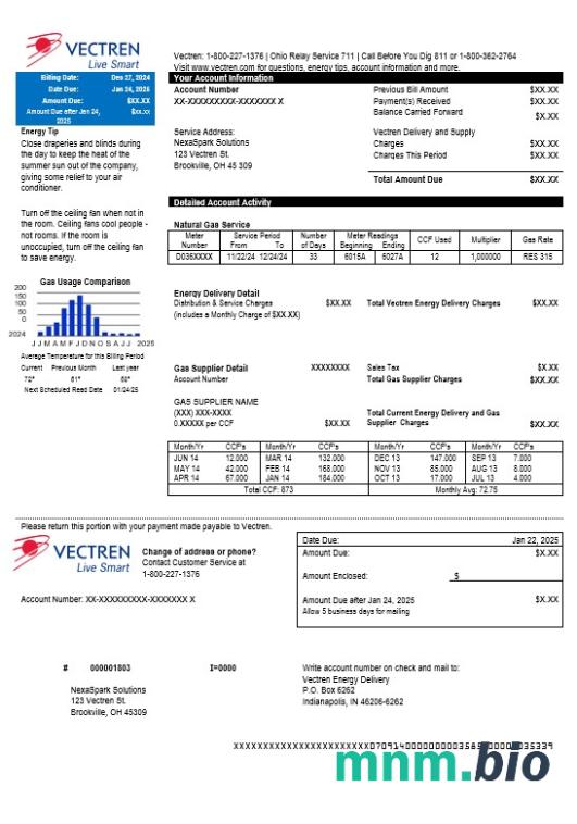USA Ohio Vectren Energy rachunek za usługi komunalne szablon w formacie Word i PDF